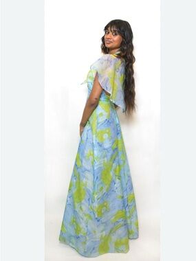 1970s Maxi Halter Dress Crepe Chiffon Dress with Cape
